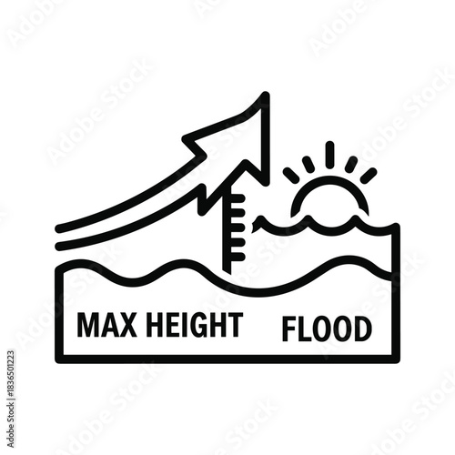 Flood maximum height warning icon, water level indicator graphic
