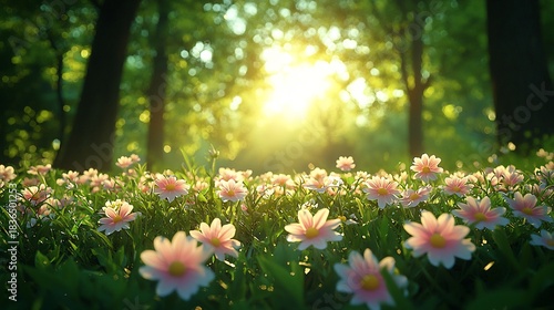Fototapeta Naklejka Na Ścianę i Meble -  Picturesque view of a field of pink and white wildflowers under the warm glow of sunlight filtering through green trees in a peaceful meadow