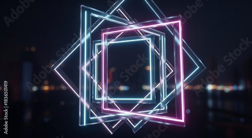 Stunning dynamic neon square frames glow with vibrant blue and pink light over a dark city background