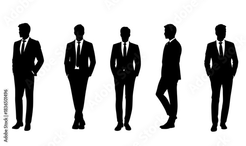 Silhouettes of men in business suits standing in various professional poses black flat minimalist vector isolated on white background set of five male figures