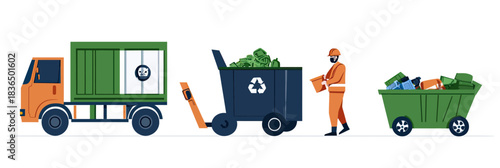Waste management worker pushing recycling bin filled with sorted trash near garbage truck and full waste container in flat minimalist vector style