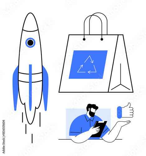 Business innovation, e-commerce, sustainability, digital tools, teamwork, growth. ion includes a rocket, a recycling bag and a person using a tablet. Business growth and e-commerce focus