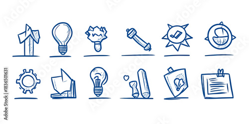 Hand drawn doodle set of business goal icons including arrows, light bulbs, badges, compass, gear, and scrolls in sketch line art style vector illustration
