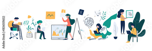 Team collaboration using artificial intelligence technology for data analysis, content creation, digital marketing, and communication in modern office workspace vector illustration