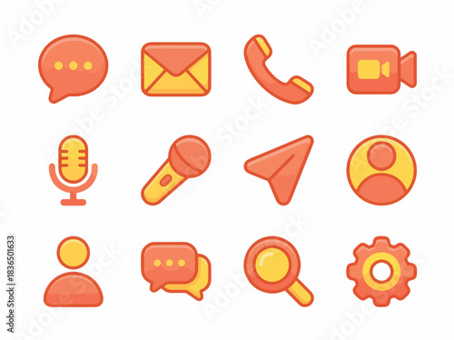 Vector illustration of a warm-toned icon set featuring chat bubbles, mail, phone, and search symbols for digital interfaces