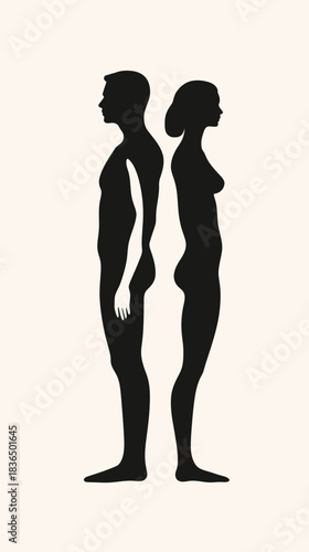 Black silhouette vector of male and female standing back to back minimalist body profiles side view human figures conceptual gender illustration