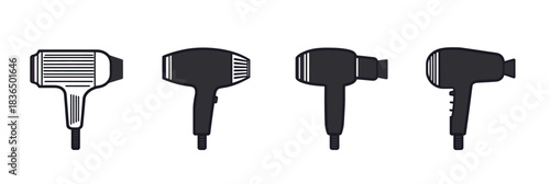 Set of four black and white hair dryer silhouette icons with minimalistic flat design and various angles isolated on white background for beauty and haircare concepts