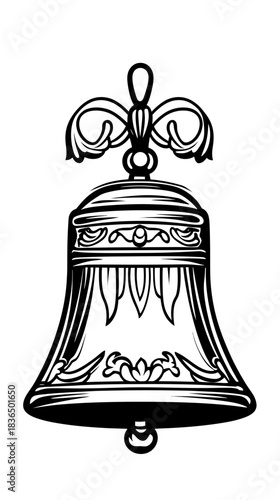 ornate antique bell engraving vintage decorative metal bell outline detailed black and white vector design illustration classic hanging bell art