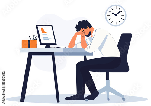 Exhausted tired male office worker sitting at desk with head resting on hand, afternoon fatigue burnout concept in minimalist flat style vector illustration