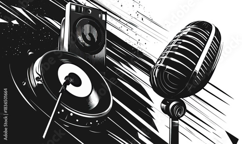Monochrome vector illustration of vintage microphone and speaker with vinyl record stylus in dynamic grunge music design concept for retro dj and edm culture