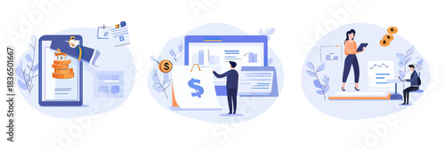 Business people analyzing financial reports and tax documents, economic investment and digital money concept with charts and financial symbols in flat minimalist vector style