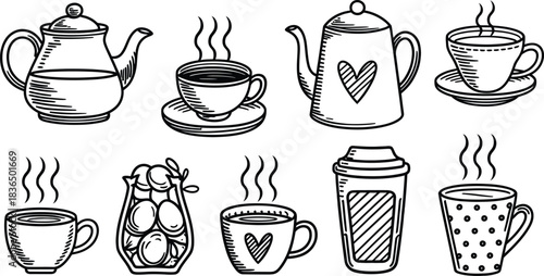 Hand drawn coffee and tea doodles set. Hot drink cups, mugs, and teapot vector illustration collection