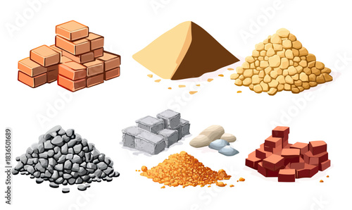 Flat minimalist vector illustration of various building construction materials including red bricks, sand, gravel, concrete blocks, crushed stone, and small rocks piles isolated on white background