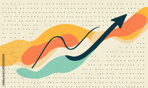 Abstract upward curved arrow graph with colorful organic shapes dotted background growth success concept vector illustration in flat minimalist style