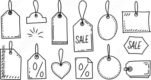 Hand drawn sale tags and price labels set. Shopping discount stickers and promotion badges vector illustration collection