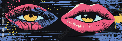 Surreal pop art collage with halftone eye lips on dark background psychedelic style vibrant colors digital vector illustration