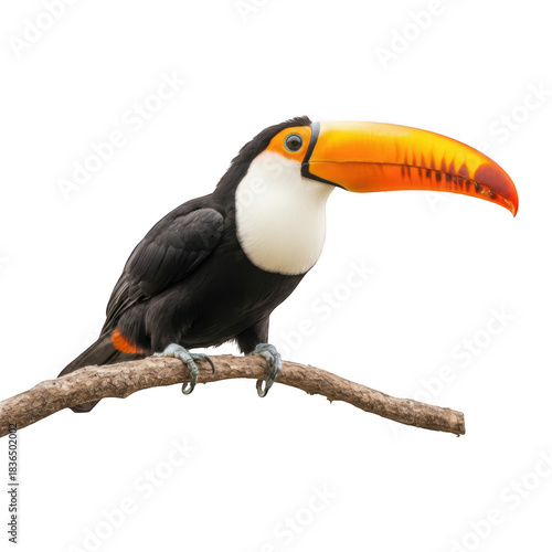 Toco toucan perched on a branch, showcasing its vibrant orange beak, isolated on transparent background