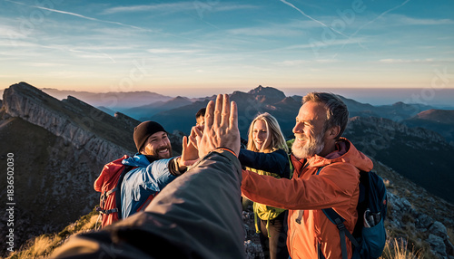 Hiking Group Celebrating Success on Mountain Peak Teamwork, Achievement, High Five, Outdoors, Sunset, Adventure, Nature