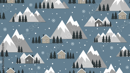Seamless pattern of a charming winter mountain landscape featuring cozy village houses nestled among snowy peaks and evergreen trees under a gentle snowfall, perfect for festive backgrounds