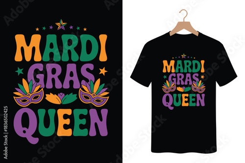 Mardi gras queen t shirt design with festive masks and colors