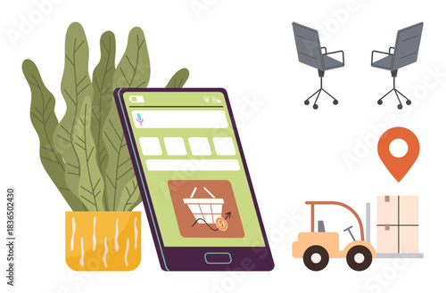 Mobile app with cart icon, chair pair, forklift, plant, and map pin highlight e-commerce, logistics, sustainability, workplace, delivery supply chain management simple flat metaphor
