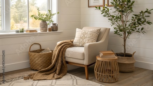 Earthy tones and simple elegance. An inviting corner with a soft chair and minimal decor, offering a cozy space for relaxation and comfort.