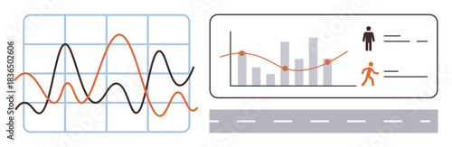 Graphs analyzing trends with line and bar visuals, person icons with metrics, movement data, road element. Ideal for statistics, fitness, business analysis, performance tracking trends. Simple flat