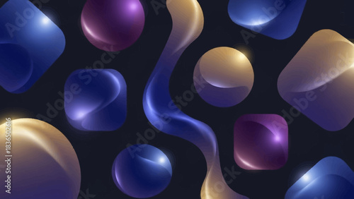 Captivating array of glossy, vibrant 3D abstract shapes in radiant blue, purple, and golden hues, seamlessly arranged on a dark background, creating a modern and futuristic visual experience