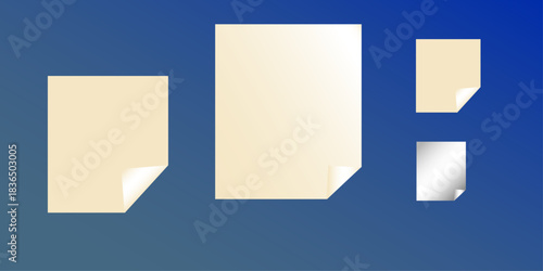 sheets of  paper with  curved edge set . Collection of folded sticky notes. Blank post-it notes stuck in order on a blue background .
