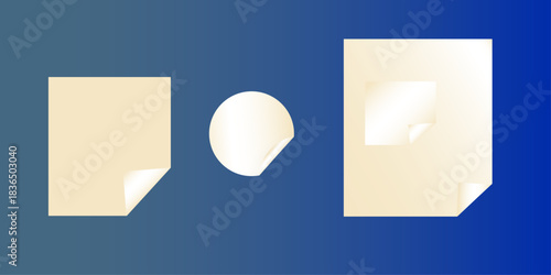 sheets of  paper with  curved edge set . Collection of folded sticky notes. Blank post-it notes stuck in order on a blue background .
