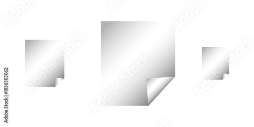 white twisted poster on a shelf. Set paper stickers isolated on white background. White Rectangle Stickers with Corner Peels isolated on transparent background. Blank transparent square stickers .
