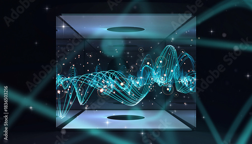 Futuristic 3D Visualization of Data Waves Inside a Virtual Room, Glowing Particles, Abstract Technology, AI Concept.