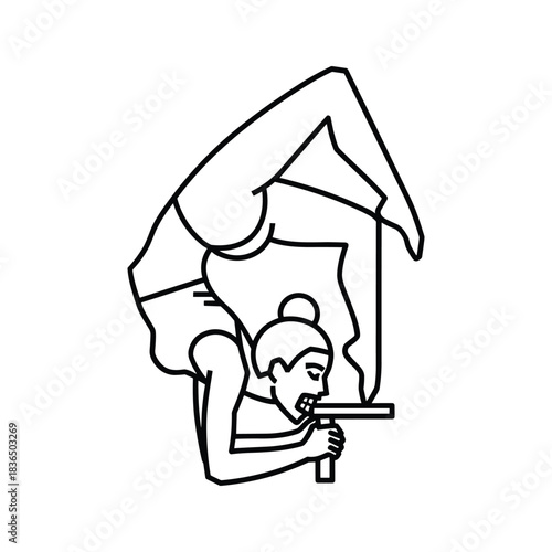 Contortionist balancing t-square on mouth with body flexibility