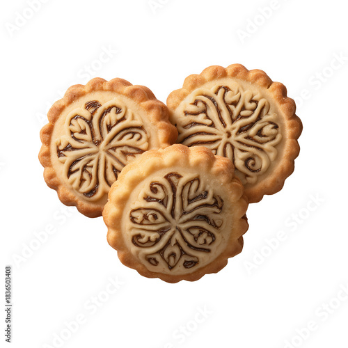 Three intricately decorated shortbread cookies with a floral pattern