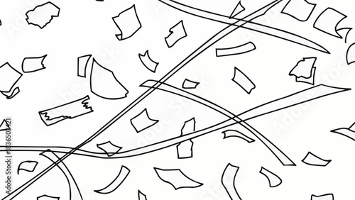 Hand drawn abstract pattern of torn paper and ribbons.