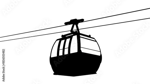 Single gondola silhouette on cable car, isolated on white background