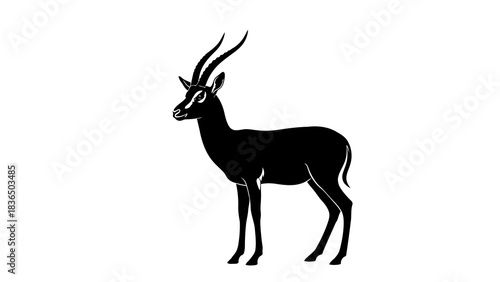 Single black antelope silhouette, isolated on white background