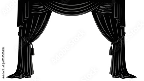 Two black theater curtains, isolated on white background with high contrast