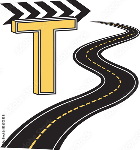 3D Yellow Letter T Logo with Clapperboard and Winding Road Icon, Transportation and Film Industry Symbol Movie Road Trip Vector Art