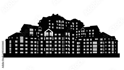 Set of five apartment building silhouettes, isolated on white background