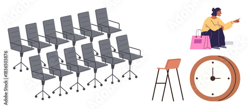 Row of office chairs in grid, singular modern stool, circular clock, seated person with shopping bags. Ideal for workspace, time, discussion, productivity design shopping waiting. A simple flat