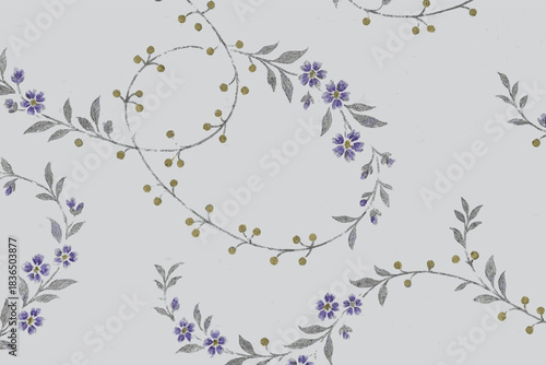Delicate botanical vine pattern of small purple flowers, curling stems and leaves on soft gray tone, elegant vintage nature textile ornament