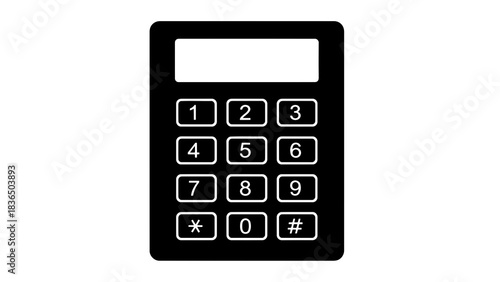 Black calculator icon isolated on white background with sharp studio lighting
