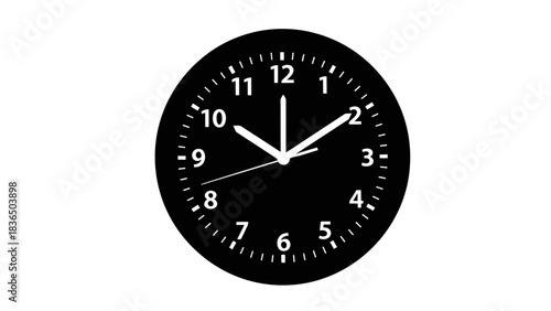 Black clock illustration isolated on white background with sharp studio lighting