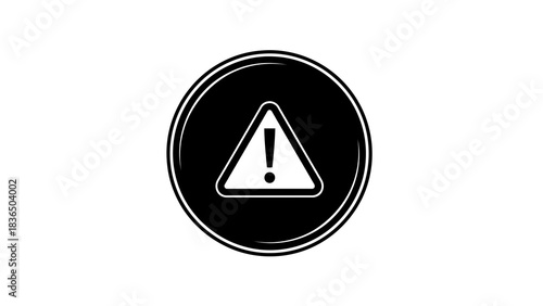 Single warning sign icon in black and white, isolated on white background with high contrast
