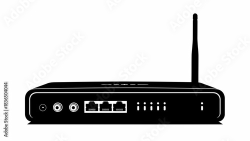 Single black wireless router isolated on white background with sharp studio lighting