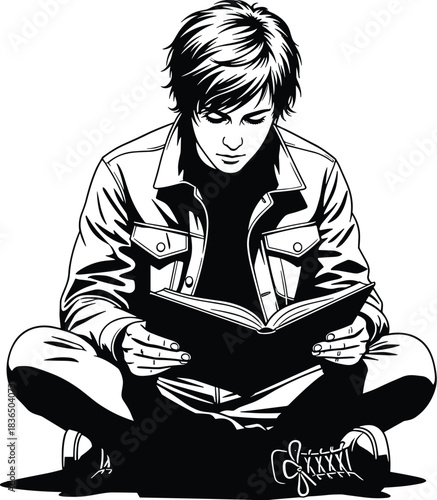 Stylized illustration of person reading book, cross-legged pose, wearing jacket and sneakers, focused expression, monochrome vector, isolated design, editable artwork, education theme