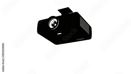 Single black camera lens silhouette, isolated on white background