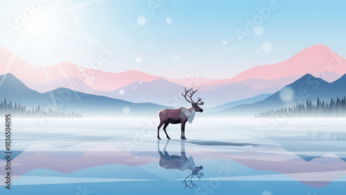 Winter Landscape with Reindeer Serene Scene of Snowy Mountains and Calm Water