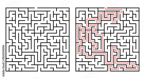 Abstract geometric labyrinth with red neon lines on a black background. Modern maze design ideal for tech themes, digital graphics, puzzles, and futuristic concepts.